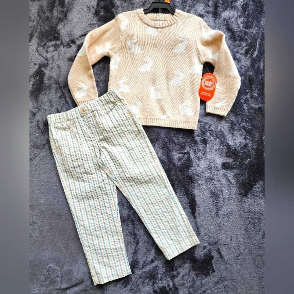 NWT toddler boy's Easter crewneck sweater & pants outfit set HAPPY BUNNIES 4t 5t